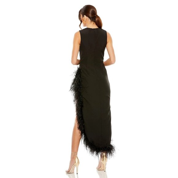 NWT‎ Mac Duggal 11626 Sleeveless Faux Wrap Dress Feather Detail Black 2 - Picture 2 of 9